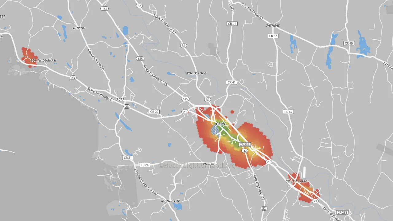 Walk Grade map of Cairo, NY, walkable areas in green and car-dependent areas in red