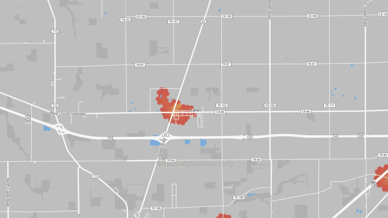 Walk Grade map of Cairo, OH, walkable areas in green and car-dependent areas in red