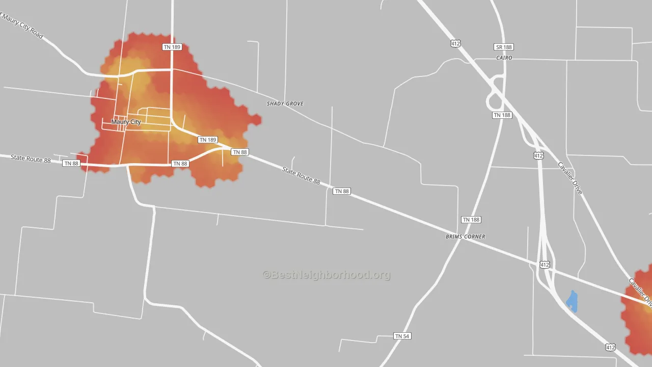 Walk Grade map of Cairo, TN, walkable areas in green and car-dependent areas in red