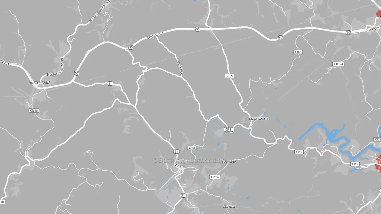 Walk Grade map of Cairo, WV, walkable areas in green and car-dependent areas in red