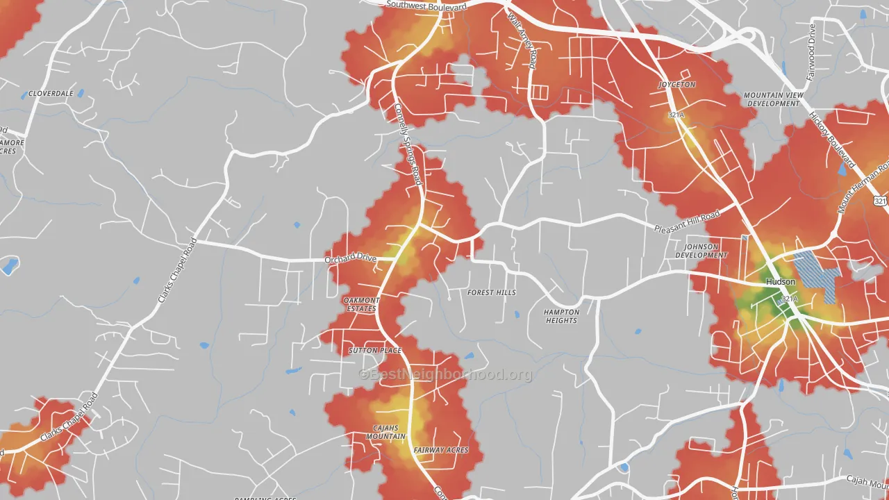 Walk Grade map of Cajahs Mountain, NC, walkable areas in green and car-dependent areas in red