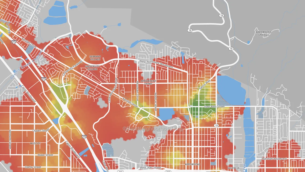 Walk Grade map of Cajon, San Bernardino, CA, walkable areas in green and car-dependent areas in red