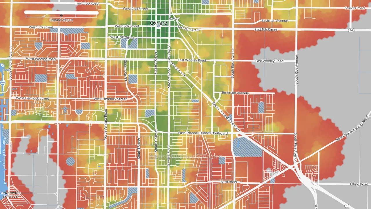 Walk Grade map of Cal-Gisler, Oxnard, CA, walkable areas in green and car-dependent areas in red