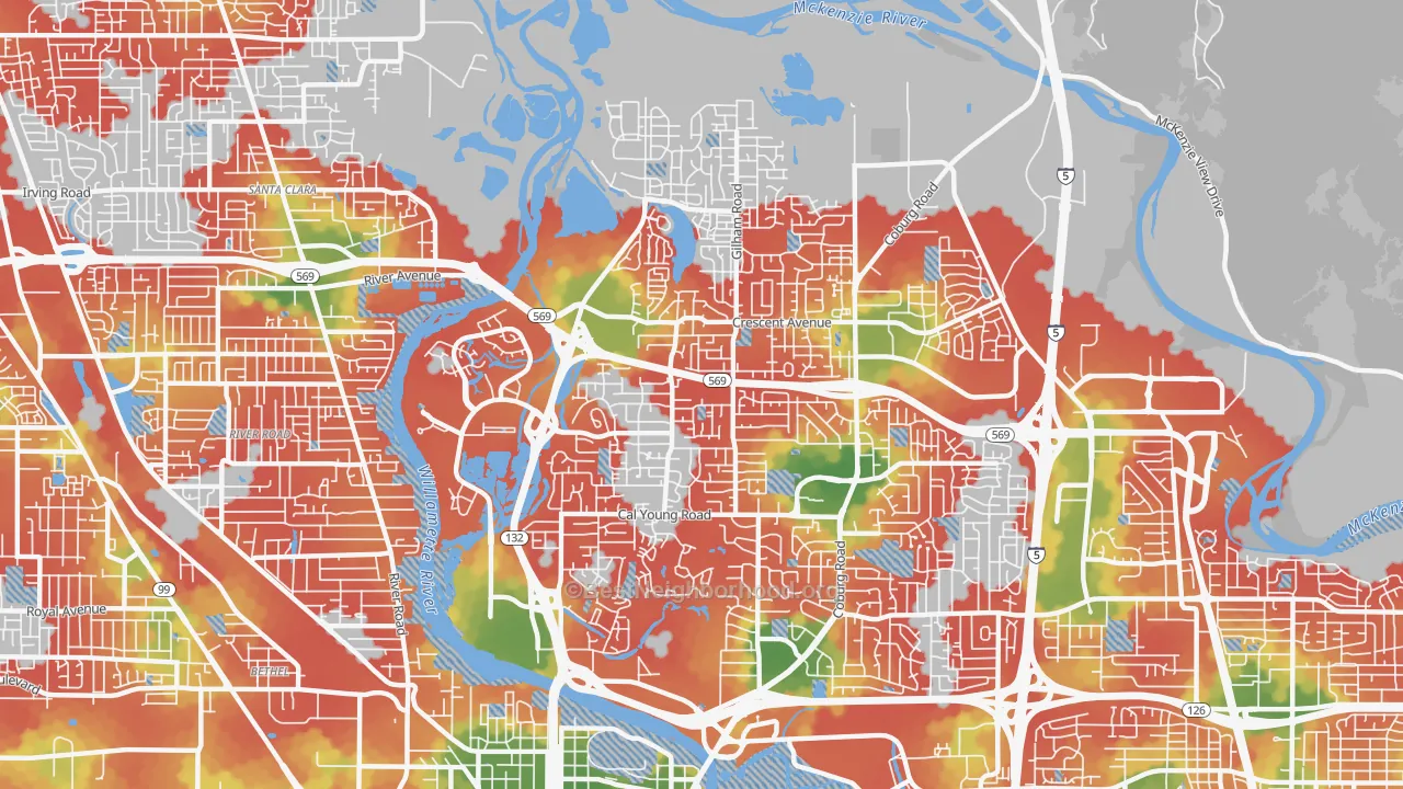 Walk Grade map of Cal Young, Eugene, OR, walkable areas in green and car-dependent areas in red