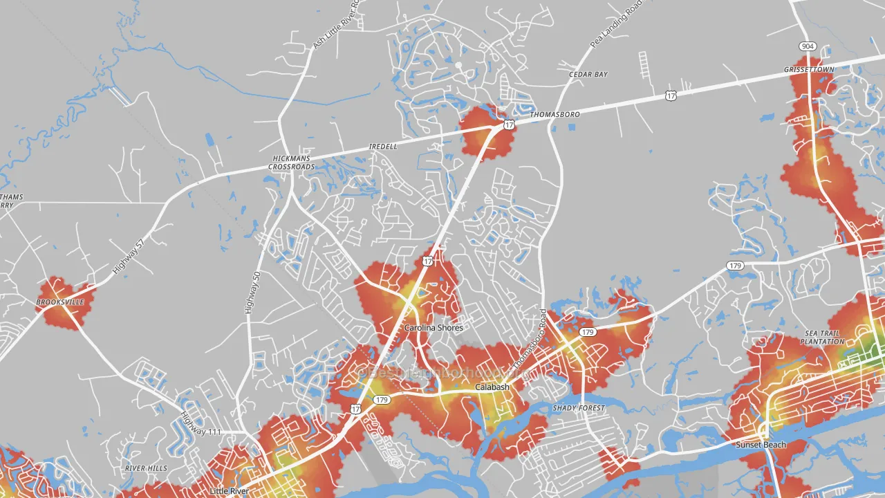 Walk Grade map of Calabash, NC, walkable areas in green and car-dependent areas in red