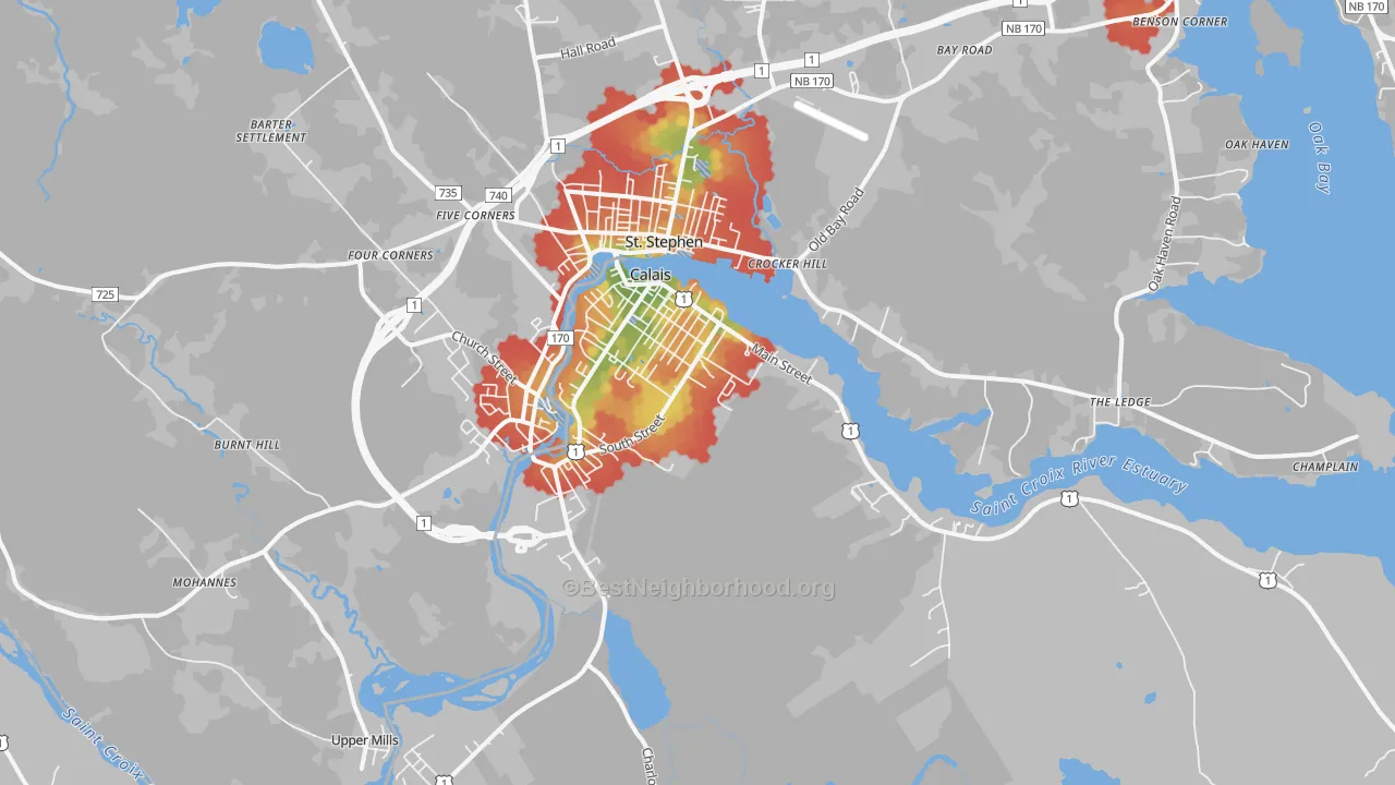 Walk Grade map of Calais, ME, walkable areas in green and car-dependent areas in red