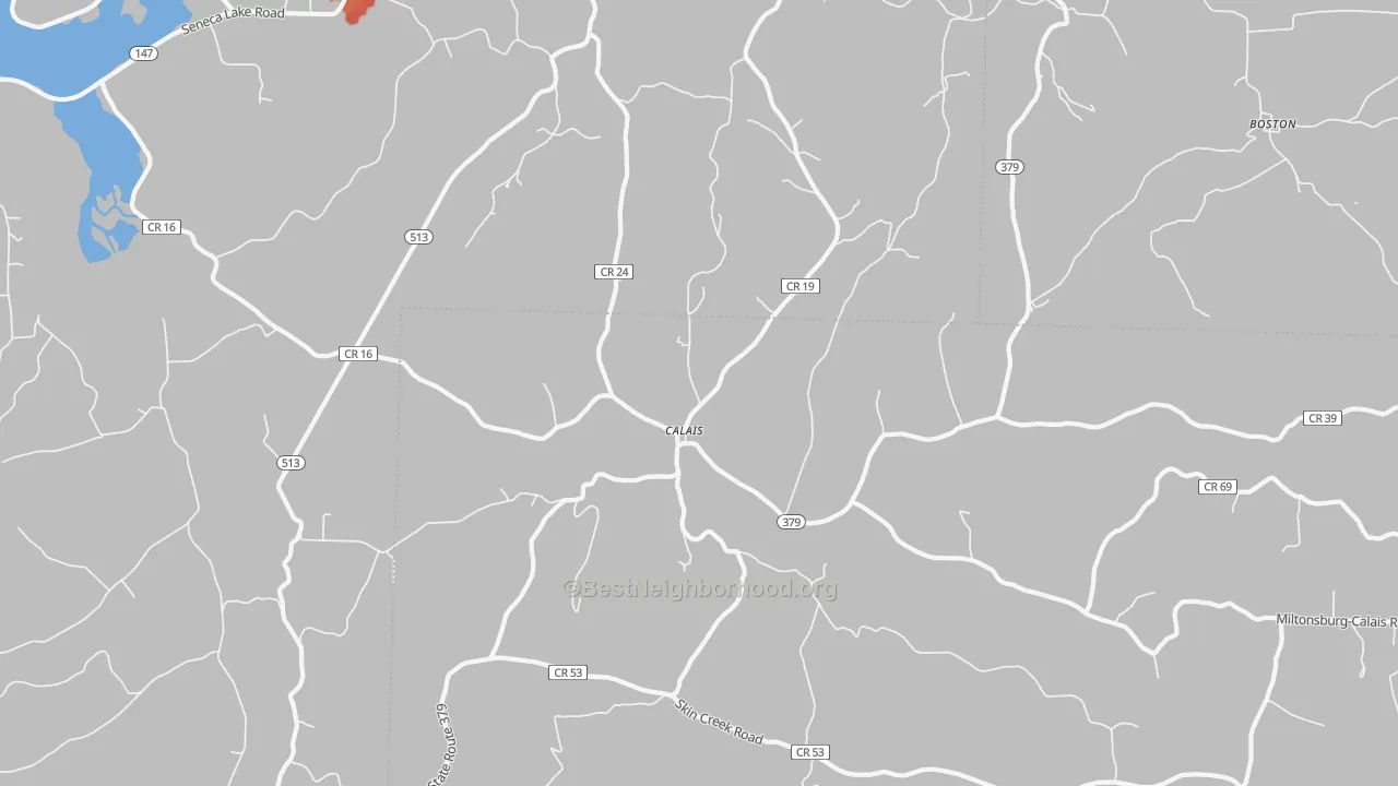 Walk Grade map of Calais, OH, walkable areas in green and car-dependent areas in red