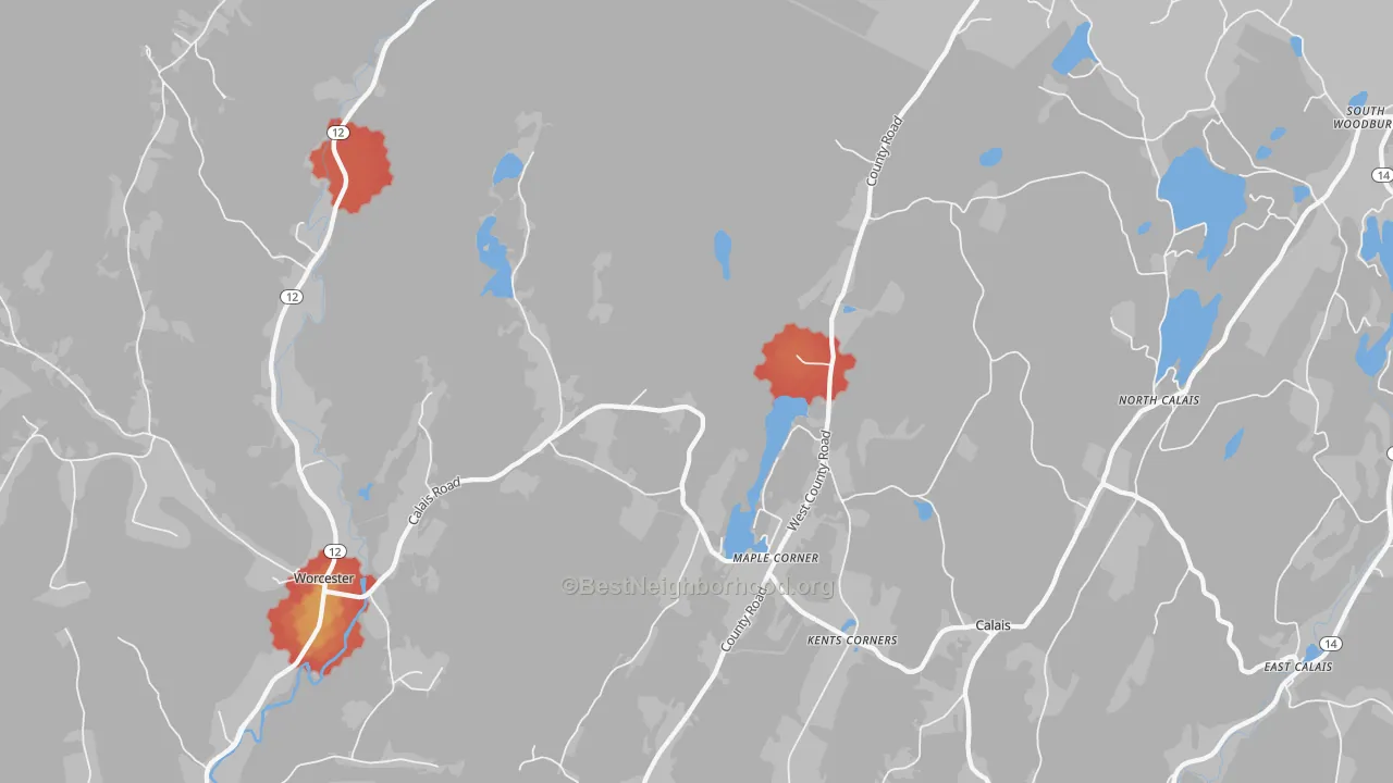 Walk Grade map of Calais, VT, walkable areas in green and car-dependent areas in red