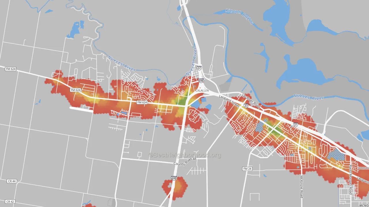 Walk Grade map of Calallen, Corpus Christi, TX, walkable areas in green and car-dependent areas in red