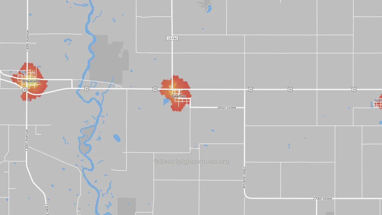 Walk Grade map of Calamus, IA, walkable areas in green and car-dependent areas in red