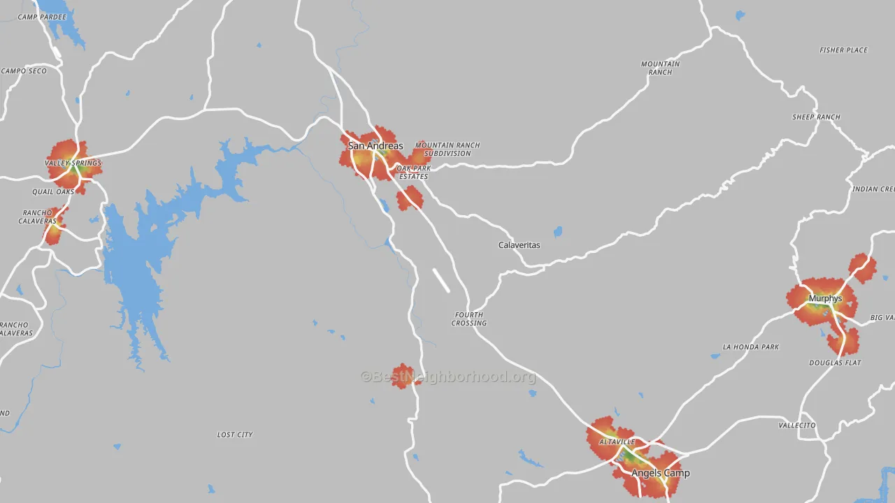 Walk Grade map of Calaveras County, CA, walkable areas in green and car-dependent areas in red
