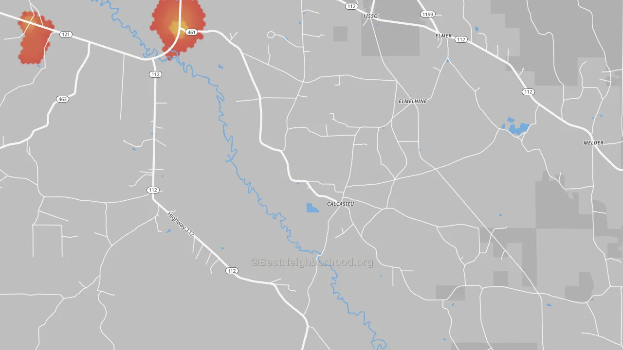 Walk Grade map of Calcasieu, LA, walkable areas in green and car-dependent areas in red