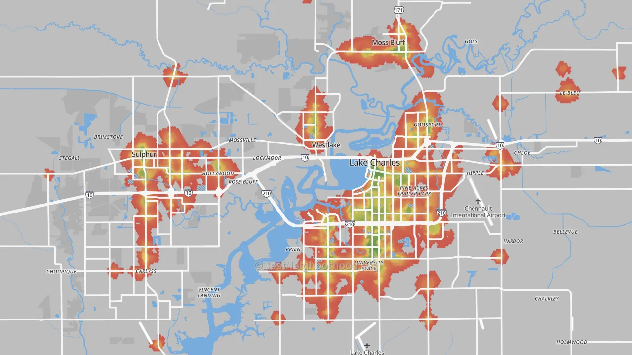 Walk Grade map of Calcasieu Parish, LA, walkable areas in green and car-dependent areas in red