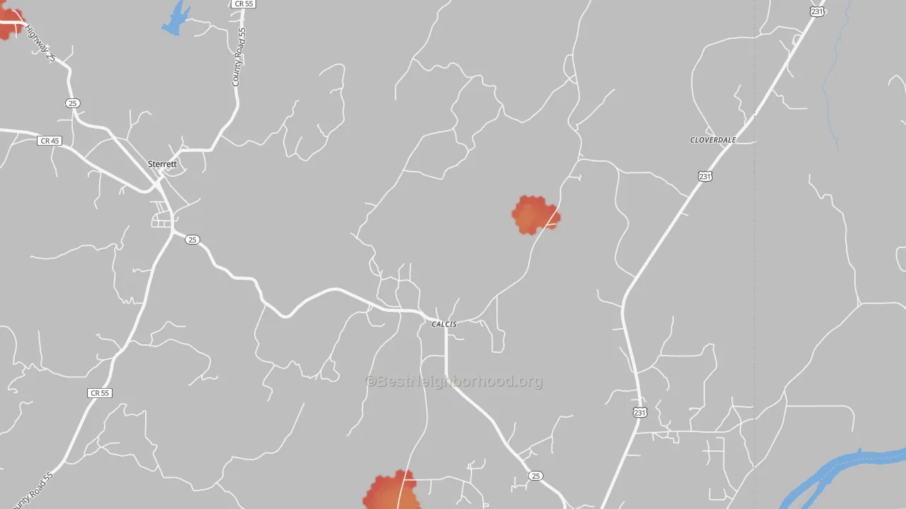 Walk Grade map of Calcis, AL, walkable areas in green and car-dependent areas in red