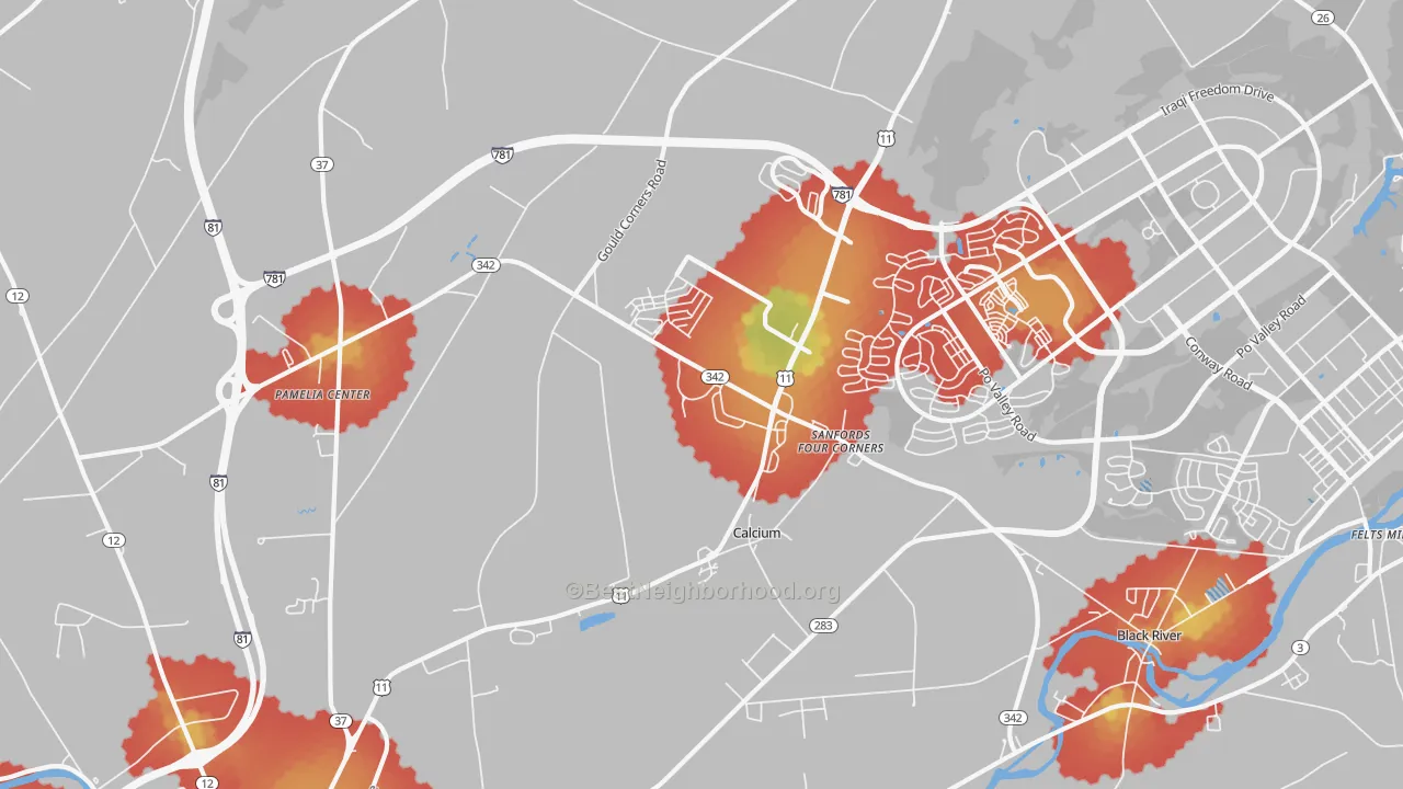 Walk Grade map of Calcium, NY, walkable areas in green and car-dependent areas in red