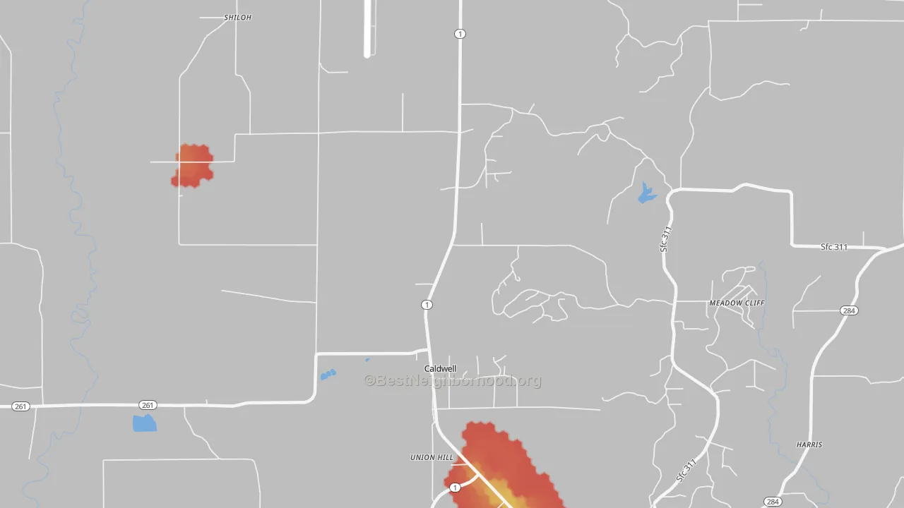 Walk Grade map of Caldwell, AR, walkable areas in green and car-dependent areas in red