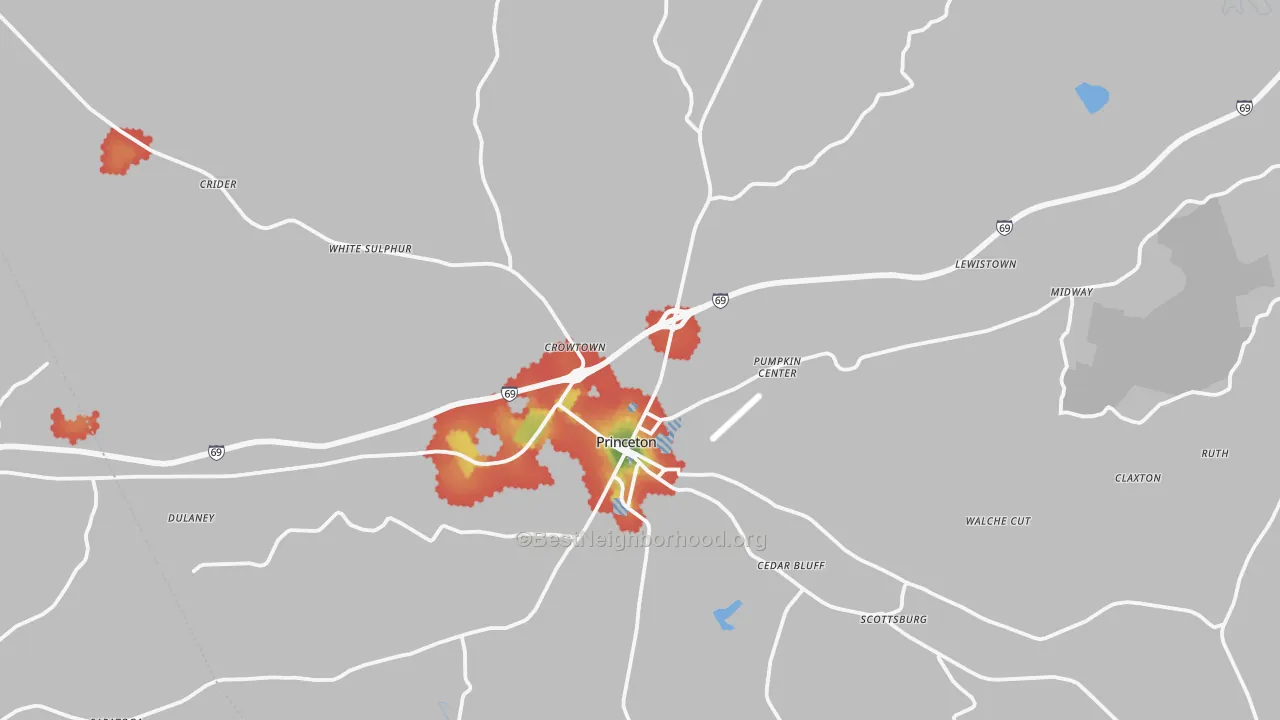Walk Grade map of Caldwell County, KY, walkable areas in green and car-dependent areas in red