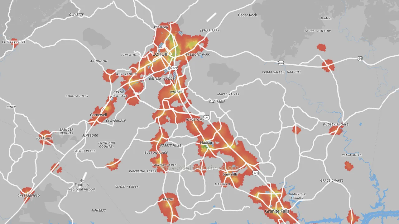 Walk Grade map of Caldwell County, NC, walkable areas in green and car-dependent areas in red