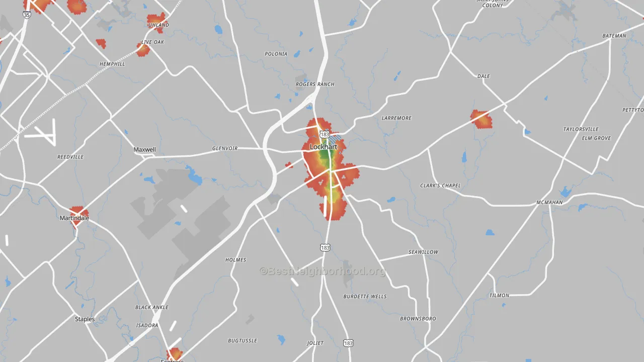 Walk Grade map of Caldwell County, TX, walkable areas in green and car-dependent areas in red