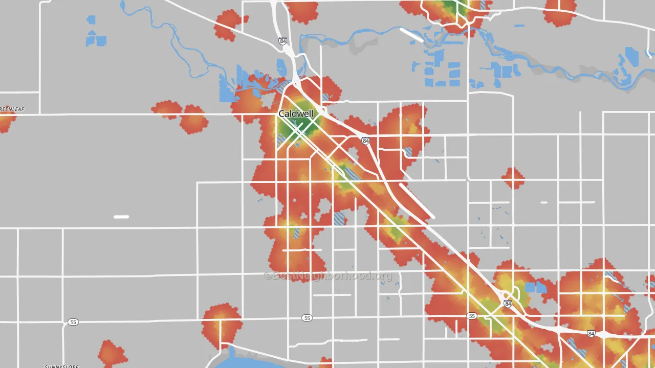 Walk Grade map of Caldwell, ID, walkable areas in green and car-dependent areas in red