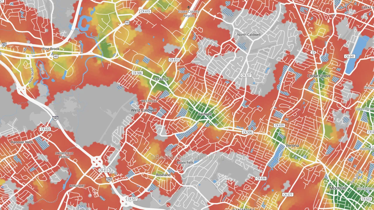 Walk Grade map of Caldwell, NJ, walkable areas in green and car-dependent areas in red