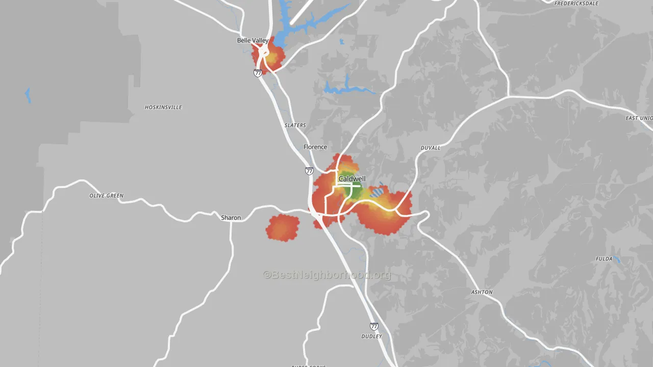 Walk Grade map of Caldwell, OH, walkable areas in green and car-dependent areas in red