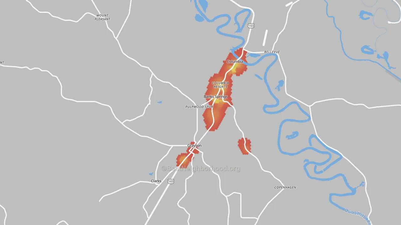 Walk Grade map of Caldwell Parish, LA, walkable areas in green and car-dependent areas in red