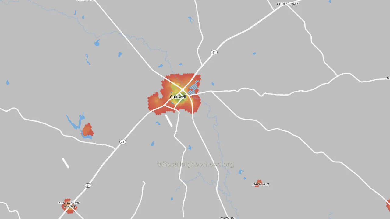 Walk Grade map of Caldwell, TX, walkable areas in green and car-dependent areas in red