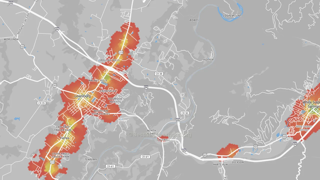 Walk Grade map of Caldwell, WV, walkable areas in green and car-dependent areas in red