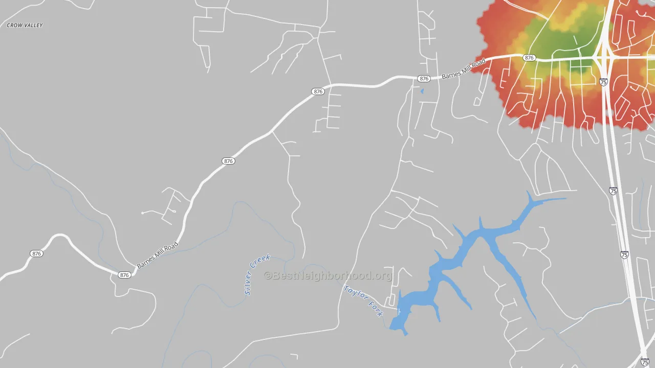 Walk Grade map of Caleast, KY, walkable areas in green and car-dependent areas in red