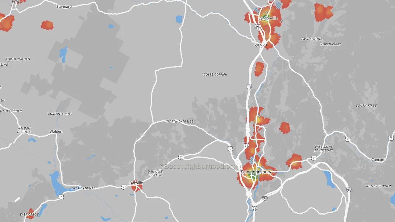 Walk Grade map of Caledonia County, VT, walkable areas in green and car-dependent areas in red