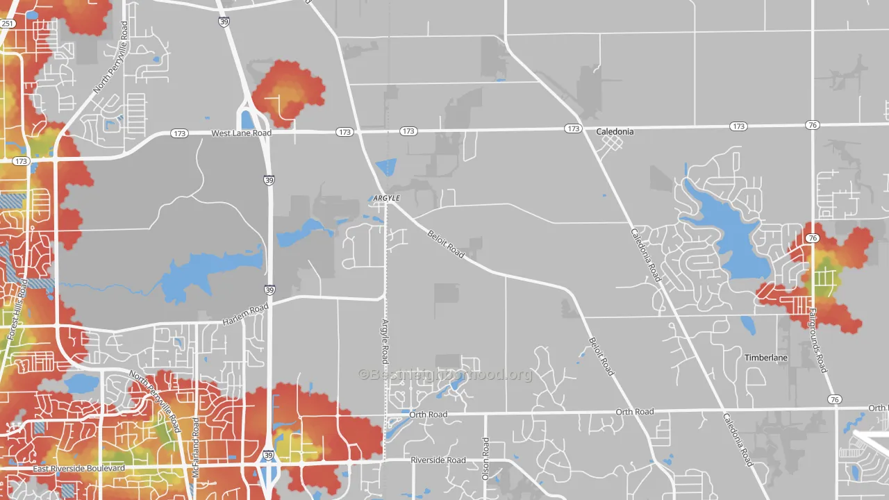 Walk Grade map of Caledonia, IL, walkable areas in green and car-dependent areas in red