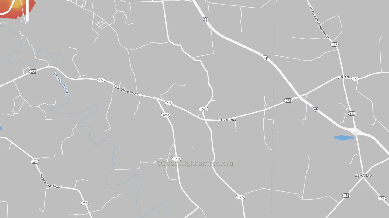 Walk Grade map of Caledonia, KY, walkable areas in green and car-dependent areas in red