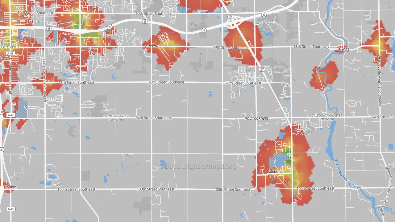 Walk Grade map of Caledonia, MI, walkable areas in green and car-dependent areas in red