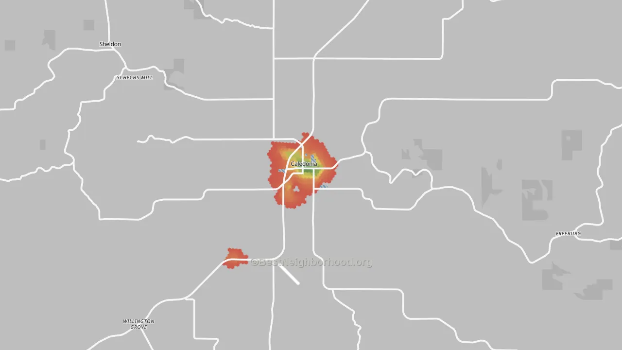 Walk Grade map of Caledonia, MN, walkable areas in green and car-dependent areas in red