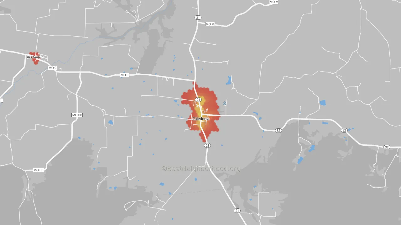 Walk Grade map of Caledonia, MO, walkable areas in green and car-dependent areas in red
