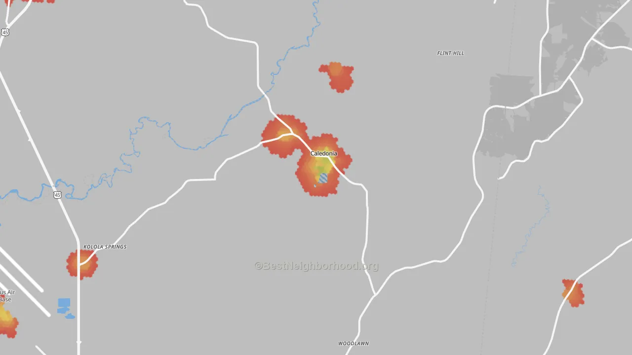 Walk Grade map of Caledonia, MS, walkable areas in green and car-dependent areas in red