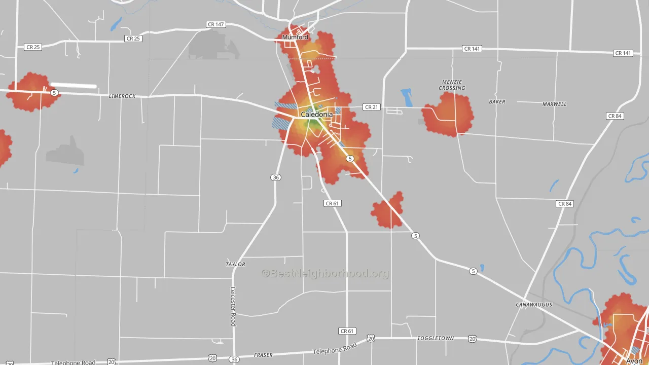 Walk Grade map of Caledonia, NY, walkable areas in green and car-dependent areas in red
