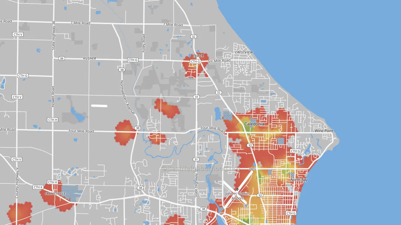 Walk Grade map of Caledonia, WI, walkable areas in green and car-dependent areas in red