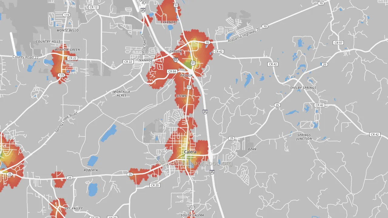 Walk Grade map of Calera, AL, walkable areas in green and car-dependent areas in red