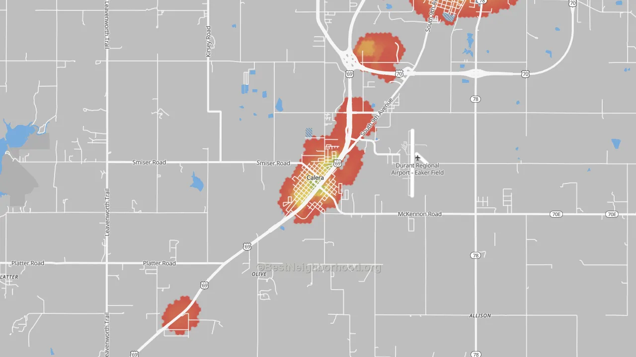 Walk Grade map of Calera, OK, walkable areas in green and car-dependent areas in red