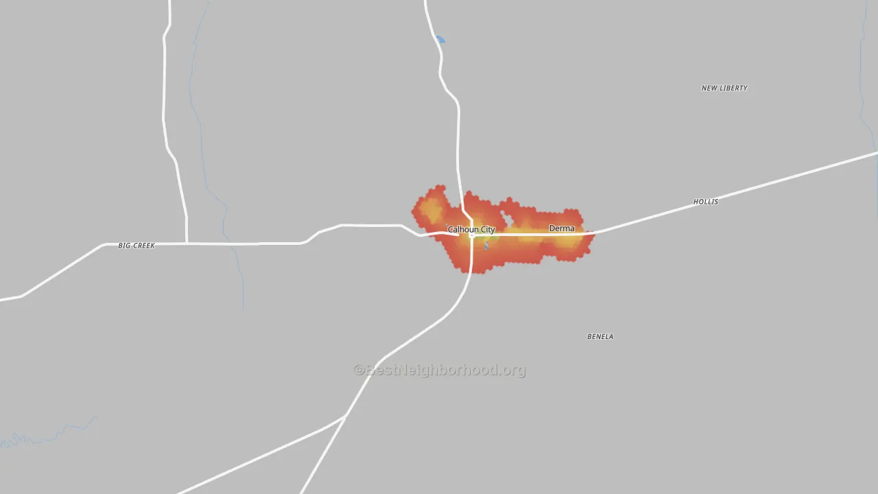 Walk Grade map of Calhoun City, MS, walkable areas in green and car-dependent areas in red
