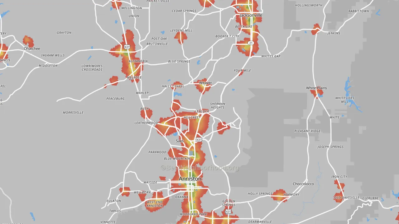 Walk Grade map of Calhoun County, AL, walkable areas in green and car-dependent areas in red