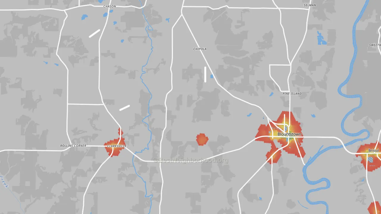 Walk Grade map of Calhoun County, FL, walkable areas in green and car-dependent areas in red