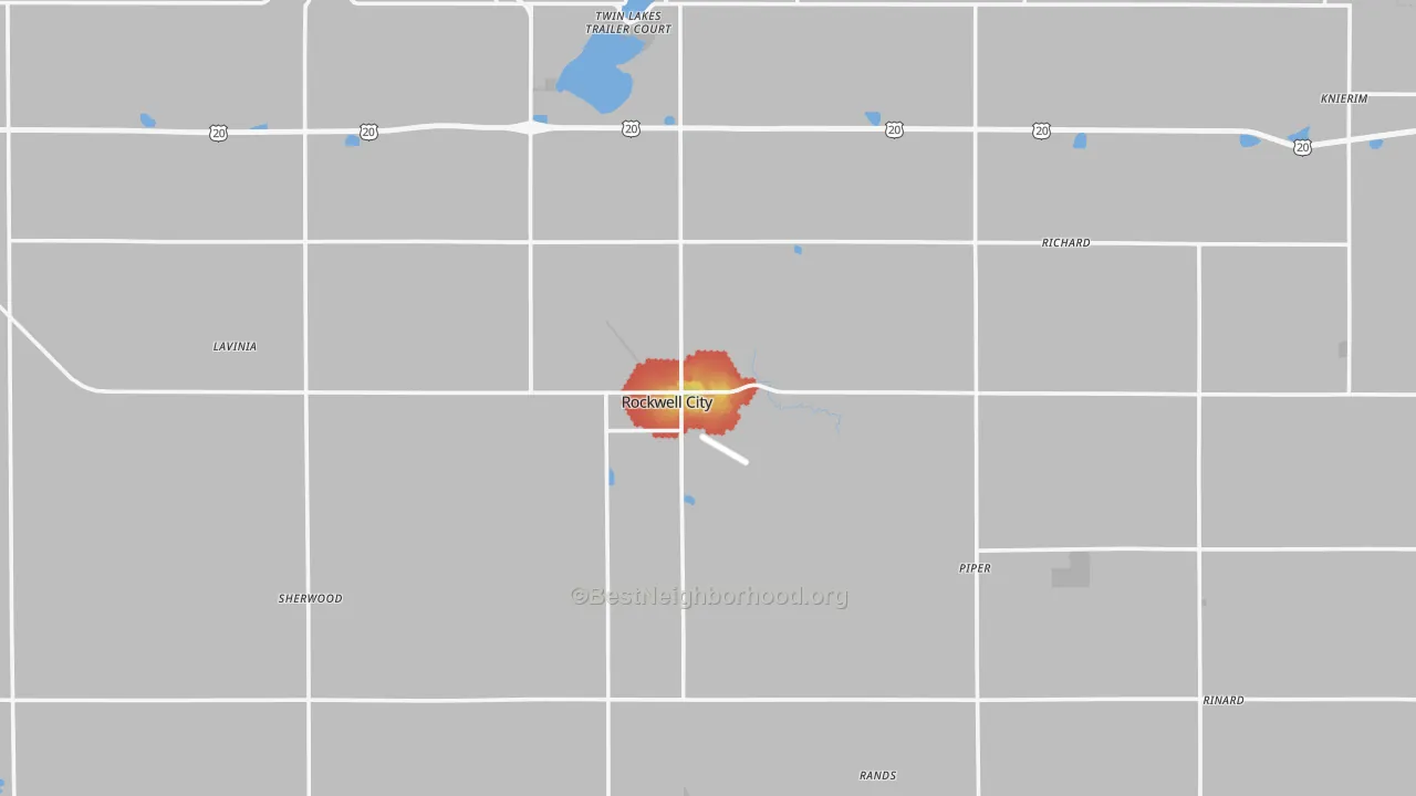 Walk Grade map of Calhoun County, IA, walkable areas in green and car-dependent areas in red