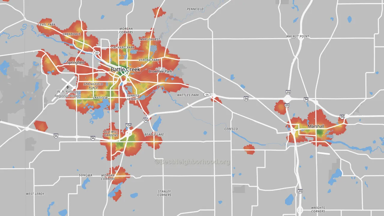 Walk Grade map of Calhoun County, MI, walkable areas in green and car-dependent areas in red