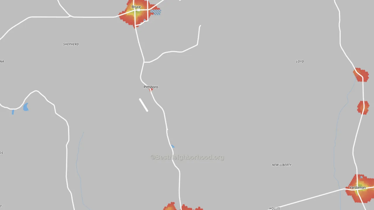 Walk Grade map of Calhoun County, MS, walkable areas in green and car-dependent areas in red