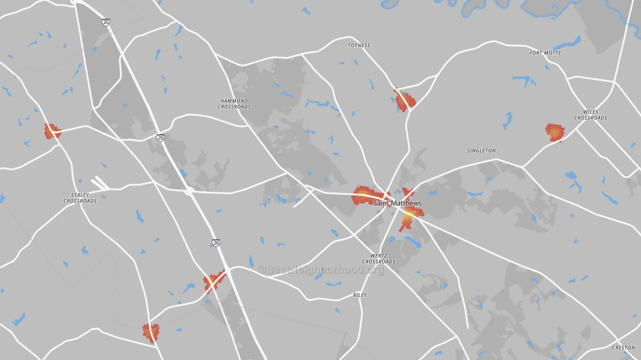 Walk Grade map of Calhoun County, SC, walkable areas in green and car-dependent areas in red
