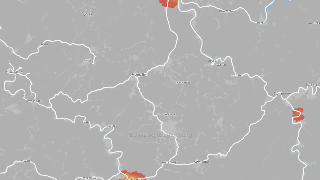 Walk Grade map of Calhoun County, WV, walkable areas in green and car-dependent areas in red