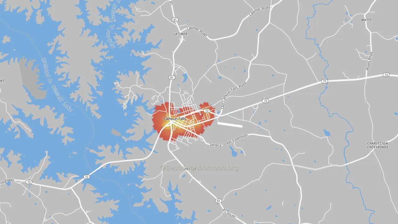 Walk Grade map of Calhoun Falls, SC, walkable areas in green and car-dependent areas in red